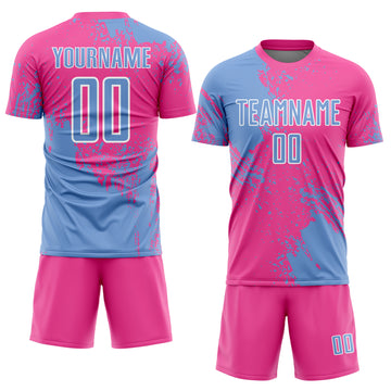 Custom Pink Light Blue-White Abstract Brush Stroke Sports Sublimation Soccer Uniform Jersey