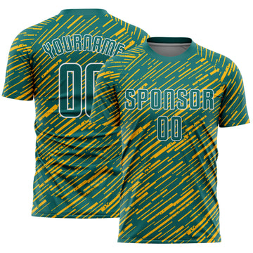 Custom Teal Gold-White Line Sports Sublimation Soccer Uniform Jersey