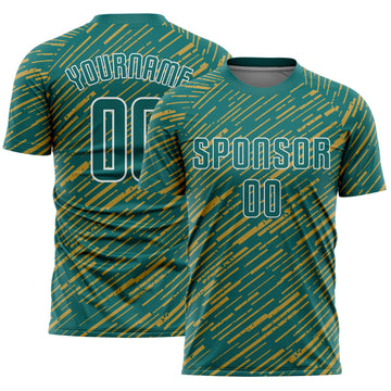 Custom Teal Old Gold-White Line Sports Sublimation Soccer Uniform Jersey