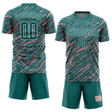Custom Teal Medium Pink-White Line Sports Sublimation Soccer Uniform Jersey