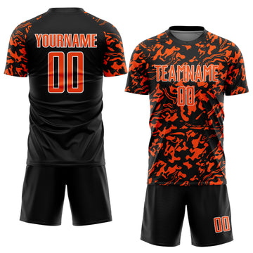 Custom Black Orange-White Liquid Fluid Pattern Sports Sublimation Soccer Uniform Jersey