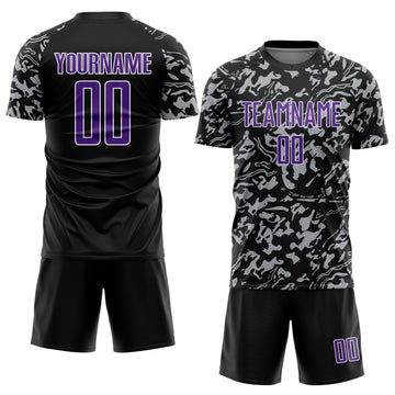 Custom Black Purple Gray-White Liquid Fluid Pattern Sports Sublimation Soccer Uniform Jersey