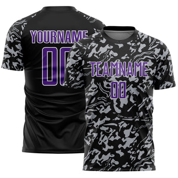 Custom Black Purple Gray-White Liquid Fluid Pattern Sports Sublimation Soccer Uniform Jersey