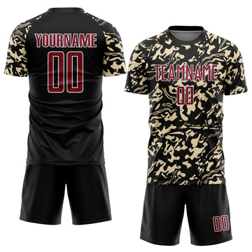Custom Black Crimson Cream-White Liquid Fluid Pattern Sports Sublimation Soccer Uniform Jersey