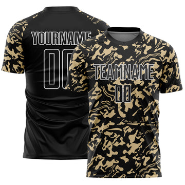 Custom Black Vegas Gold-White Liquid Fluid Pattern Sports Sublimation Soccer Uniform Jersey