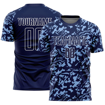 Custom Navy Light Blue-White Liquid Fluid Pattern Sports Sublimation Soccer Uniform Jersey