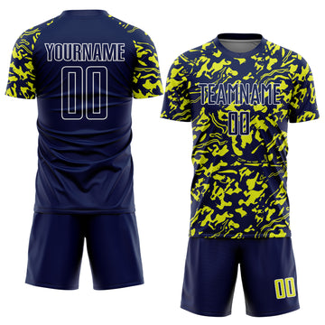 Custom Navy Neon Yellow-White Liquid Fluid Pattern Sports Sublimation Soccer Uniform Jersey