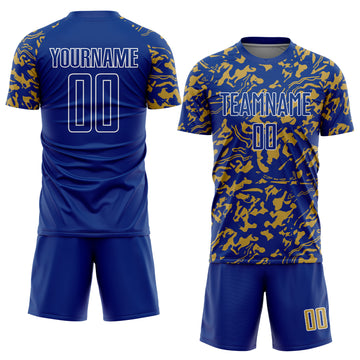 Custom Royal Old Gold-White Liquid Fluid Pattern Sports Sublimation Soccer Uniform Jersey