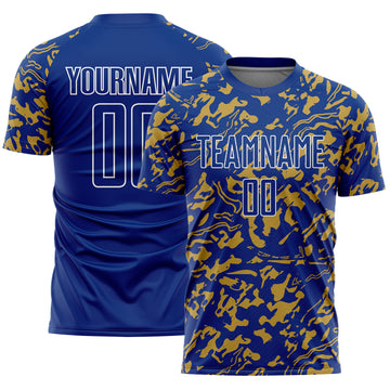 Custom Royal Old Gold-White Liquid Fluid Pattern Sports Sublimation Soccer Uniform Jersey