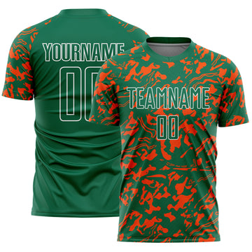 Custom Kelly Green Orange-White Liquid Fluid Pattern Sports Sublimation Soccer Uniform Jersey