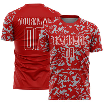 Custom Red Gray-White Liquid Fluid Pattern Sports Sublimation Soccer Uniform Jersey