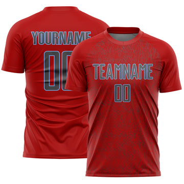Custom Red Steel Gray-Light Blue Abstract Scribble Curve Line Pattern Sports Sublimation Soccer Uniform Jersey