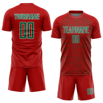 Custom Red Kelly Green-White Abstract Scribble Curve Line Pattern Sports Sublimation Soccer Uniform Jersey