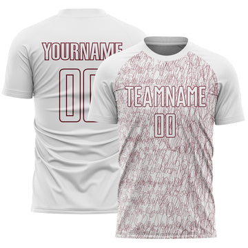 Custom White Burgundy Abstract Scribble Curve Line Pattern Sports Sublimation Soccer Uniform Jersey