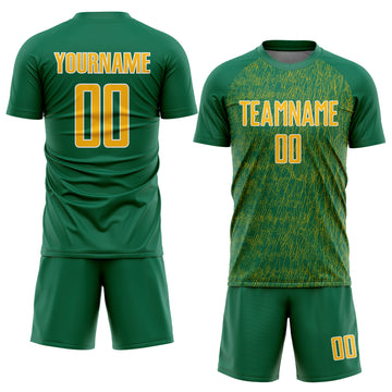 Custom Kelly Green Gold-White Abstract Scribble Curve Line Pattern Sports Sublimation Soccer Uniform Jersey