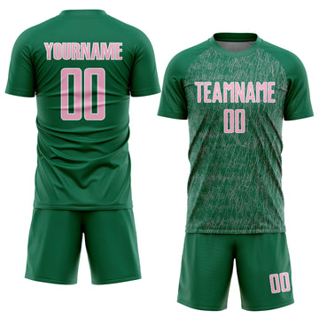 Custom Kelly Green Light Pink-White Abstract Scribble Curve Line Pattern Sports Sublimation Soccer Uniform Jersey