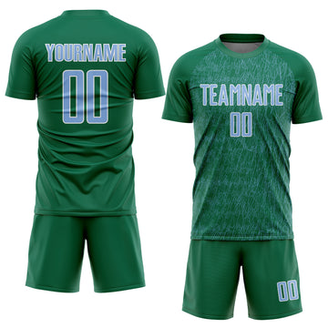 Custom Kelly Green Light Blue-White Abstract Scribble Curve Line Pattern Sports Sublimation Soccer Uniform Jersey