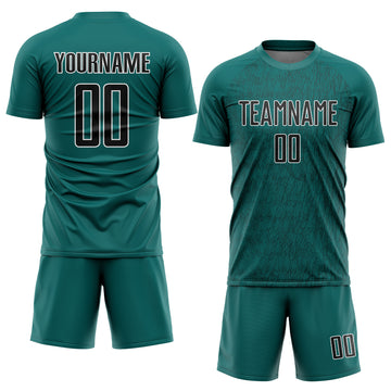 Custom Teal Black-White Abstract Scribble Curve Line Pattern Sports Sublimation Soccer Uniform Jersey