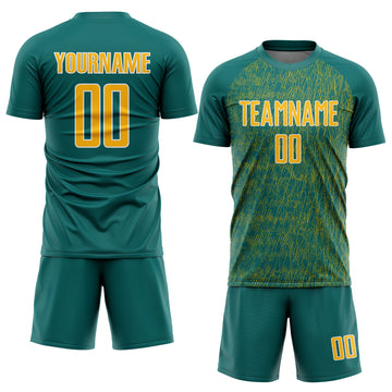 Custom Teal Gold-White Abstract Scribble Curve Line Pattern Sports Sublimation Soccer Uniform Jersey