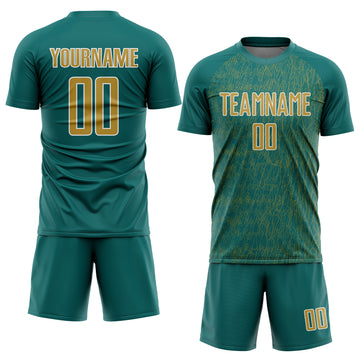 Custom Teal Old Gold-White Abstract Scribble Curve Line Pattern Sports Sublimation Soccer Uniform Jersey