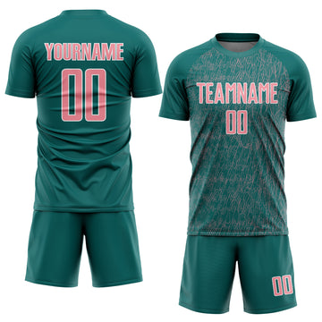 Custom Teal Medium Pink-White Abstract Scribble Curve Line Pattern Sports Sublimation Soccer Uniform Jersey