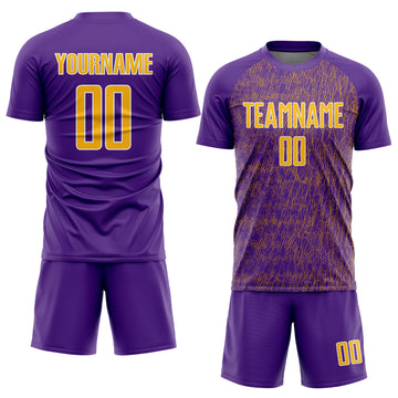 Custom Purple Gold-White Abstract Scribble Curve Line Pattern Sports Sublimation Soccer Uniform Jersey