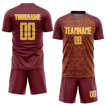 Custom Burgundy Gold-White Abstract Scribble Curve Line Pattern Sports Sublimation Soccer Uniform Jersey