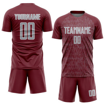 Custom Burgundy Gray-White Abstract Scribble Curve Line Pattern Sports Sublimation Soccer Uniform Jersey