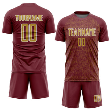 Custom Burgundy Old Gold-White Abstract Scribble Curve Line Pattern Sports Sublimation Soccer Uniform Jersey