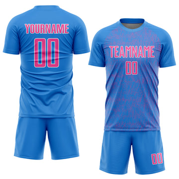 Custom Powder Blue Pink-White Abstract Scribble Curve Line Pattern Sports Sublimation Soccer Uniform Jersey