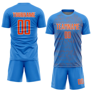Custom Powder Blue Orange-White Abstract Scribble Curve Line Pattern Sports Sublimation Soccer Uniform Jersey