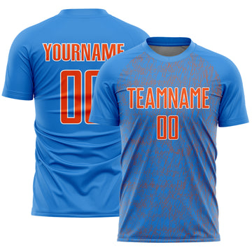Custom Powder Blue Orange-White Abstract Scribble Curve Line Pattern Sports Sublimation Soccer Uniform Jersey