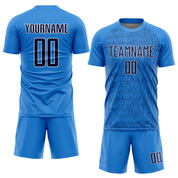 Custom Powder Blue Navy-White Abstract Scribble Curve Line Pattern Sports Sublimation Soccer Uniform Jersey