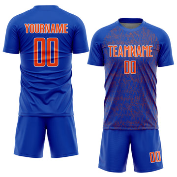 Custom Thunder Blue Orange-White Abstract Scribble Curve Line Pattern Sports Sublimation Soccer Uniform Jersey