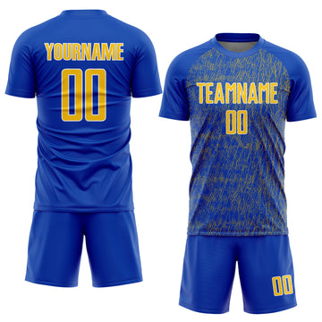 Custom Thunder Blue Yellow-White Abstract Scribble Curve Line Pattern Sports Sublimation Soccer Uniform Jersey