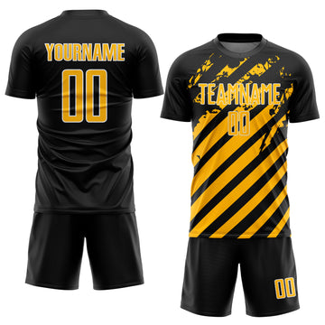 Custom Black Gold-White Distressed Diagonal Stripe Pattern Sports Sublimation Soccer Uniform Jersey