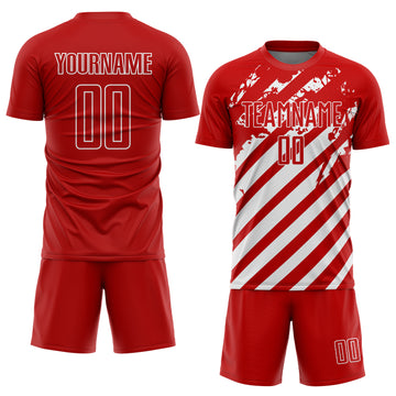 Custom Red White Distressed Diagonal Stripe Pattern Sports Sublimation Soccer Uniform Jersey