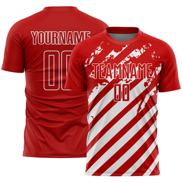 Custom Red White Distressed Diagonal Stripe Pattern Sports Sublimation Soccer Uniform Jersey