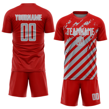 Custom Red Gray-White Distressed Diagonal Stripe Pattern Sports Sublimation Soccer Uniform Jersey