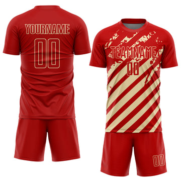 Custom Red Cream Distressed Diagonal Stripe Pattern Sports Sublimation Soccer Uniform Jersey