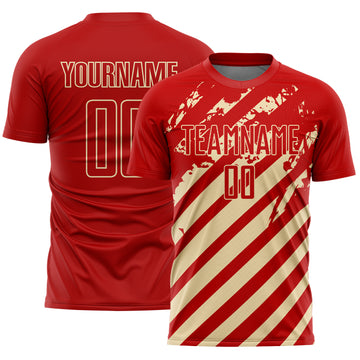 Custom Red Cream Distressed Diagonal Stripe Pattern Sports Sublimation Soccer Uniform Jersey