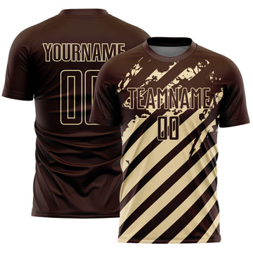 Custom Brown Cream Distressed Diagonal Stripe Pattern Sports Sublimation Soccer Uniform Jersey