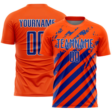 Custom Orange Royal-White Distressed Diagonal Stripe Pattern Sports Sublimation Soccer Uniform Jersey