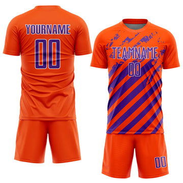 Custom Orange Purple-White Distressed Diagonal Stripe Pattern Sports Sublimation Soccer Uniform Jersey