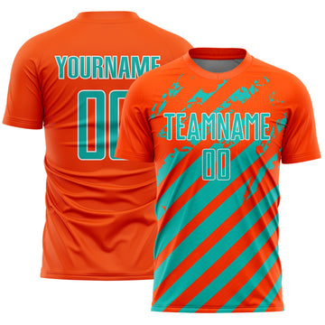 Custom Orange Aqua-White Distressed Diagonal Stripe Pattern Sports Sublimation Soccer Uniform Jersey