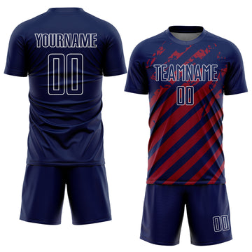 Custom Navy White-Red Distressed Diagonal Stripe Pattern Sports Sublimation Soccer Uniform Jersey