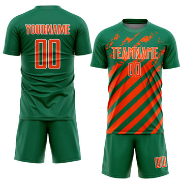 Custom Kelly Green Orange-White Distressed Diagonal Stripe Pattern Sports Sublimation Soccer Uniform Jersey