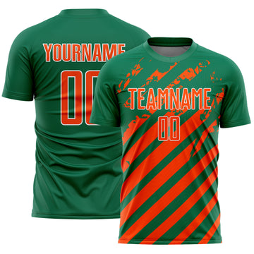 Custom Kelly Green Orange-White Distressed Diagonal Stripe Pattern Sports Sublimation Soccer Uniform Jersey
