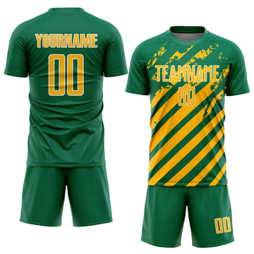 Custom Kelly Green Gold-White Distressed Diagonal Stripe Pattern Sports Sublimation Soccer Uniform Jersey