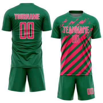 Custom Kelly Green Neon Pink-White Distressed Diagonal Stripe Pattern Sports Sublimation Soccer Uniform Jersey